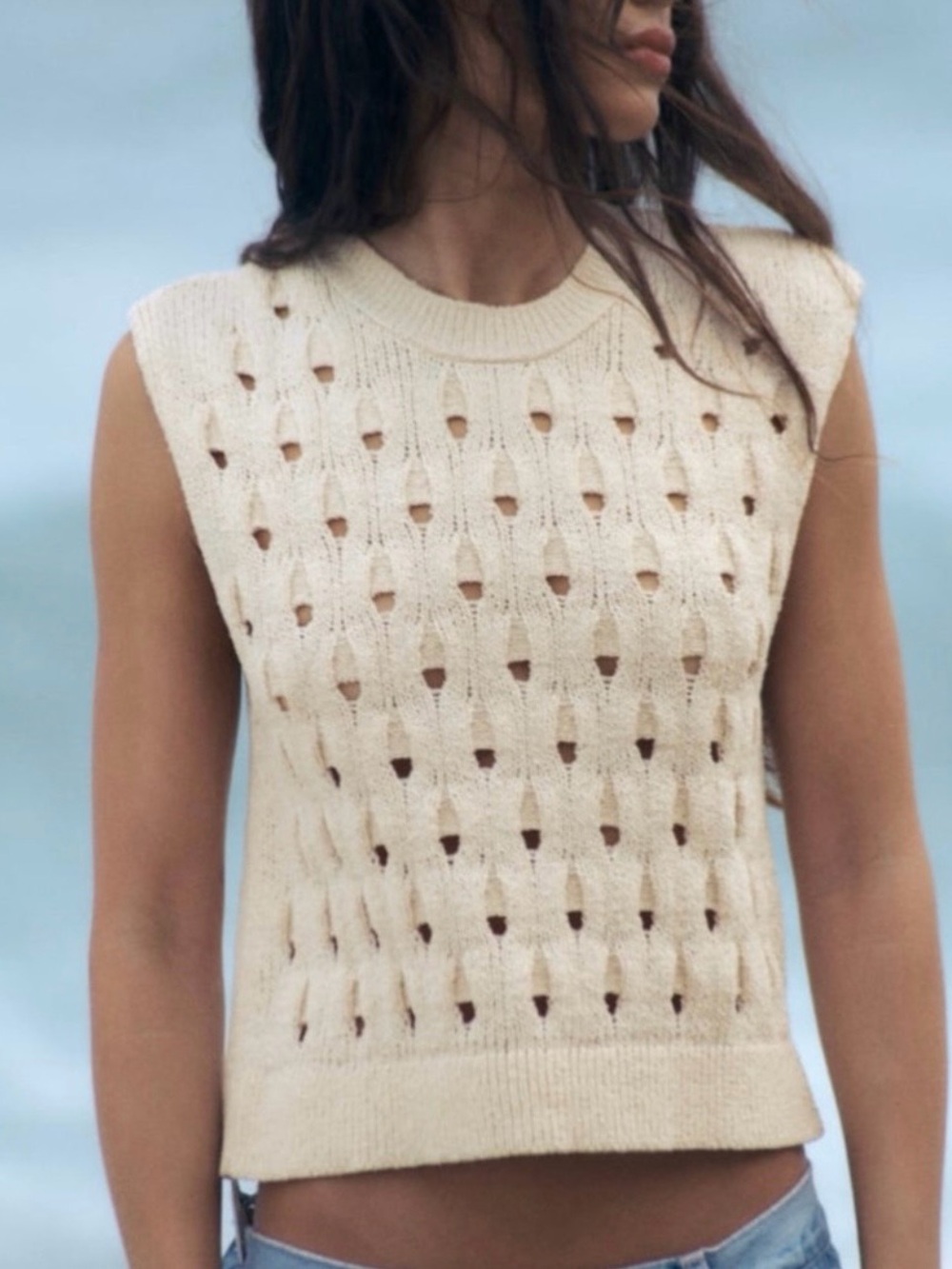 Zara Open Knit Crochet Sweater Vest Cream Ivory Sleeveless Top Size M Coastal - Picture 2 of 8
